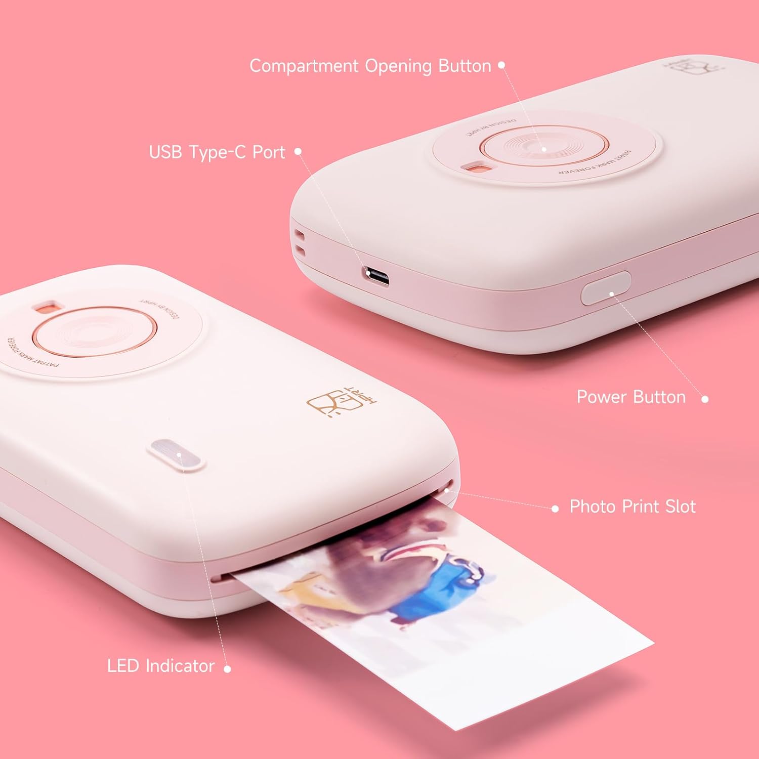 HPRT Mini Photo Printer for iPhone, Smartphone, Portable Instant Picture Printer with Bluetooth, Wireless Thermal Dye Sublimation Photo Printer CP2100 (Pink, Printer + 10 Sheets)
